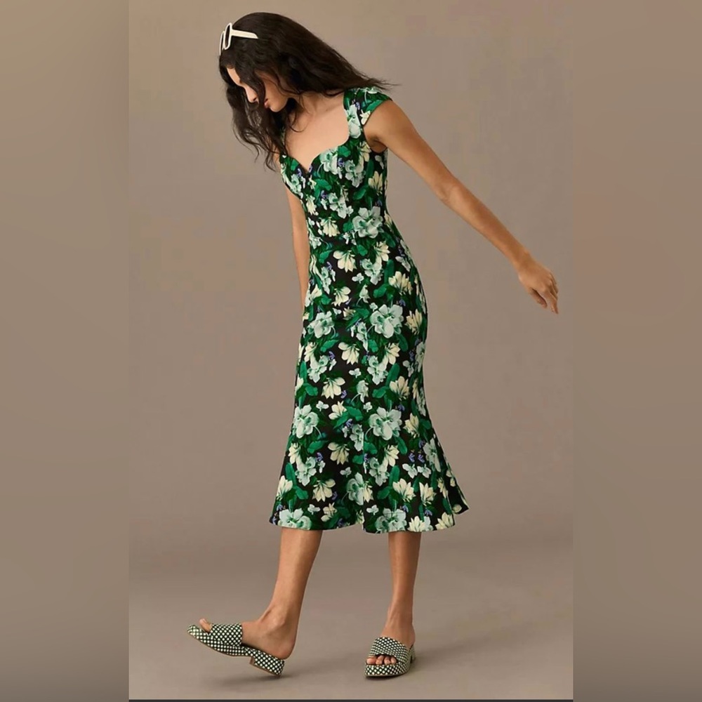 Anthropologie Cecily Fit & Flare in Green, White & Black Floral Size Small